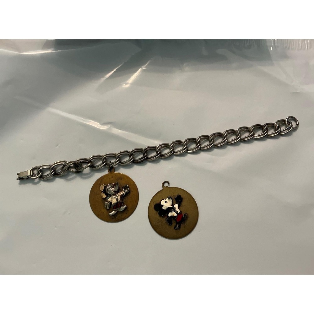 Vintage 1970's Walt Disney Productions Mickey Mouse Charm Bracelet Silver Tone